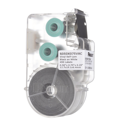 [S050X075VAC] Casete de 450 Etiquetas Autolaminadas de 12.7 x 19.1 mm (0.5 x 0.75 pulgadas), para Cables de 2 a 4 mm (0.08 a 0.16 pulgadas) de Diámetro, Área de Impresión Color Blanco