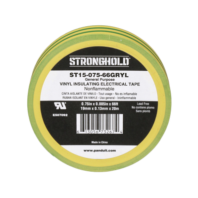 [ST15-075-66-GRYL] Cinta Eléctrica STRONGHOLD para Aislar, de PVC, Uso Construcción General en Tierras Físicas, Grosor de 0.13 mm (5 mil), Ancho de 19.05 mm, y 20.12 m de Largo, Color Amarillo/Verde.