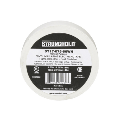 [ST17-075-66WH] Cinta Eléctrica STRONGHOLD para Aislar, de PVC, Uso General Reparación y Mantenimiento, Grosor de 0.18mm (7 mil), Ancho de 19mm, y 20.12m de Largo, Color Blanco
