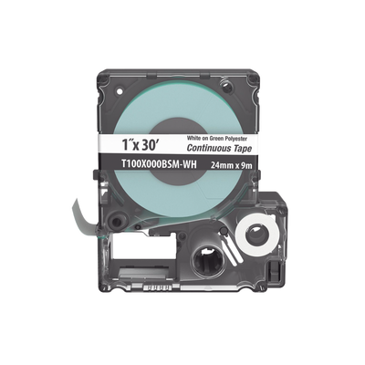 [T100X000BSM-WH] Casete de Etiquetas de Poliéster de Cinta Continua, Color Blanco Sobre Verde, Uso Interior/Exterior, 24 mm (0.94 Pulgadas) de Ancho x 9.1 Metros (29.86 Pies) de Largo