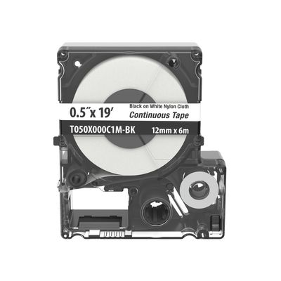 [T050X000C1M-BK] Casete de Etiquetas de Nylon de Cinta Continua, Color Negro Sobre Blanco, Uso Interior/Exterior, 12 (0.5 Pulgadas) mm de Ancho x 6 Metros (19.69 Pies) de Largo