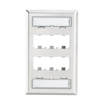 [CFPL6SY] Placa de Pared Vertical, de Acero Inoxidable, Salida Para 6 Puertos Mini-Com, Con Espacios Para Etiquetas