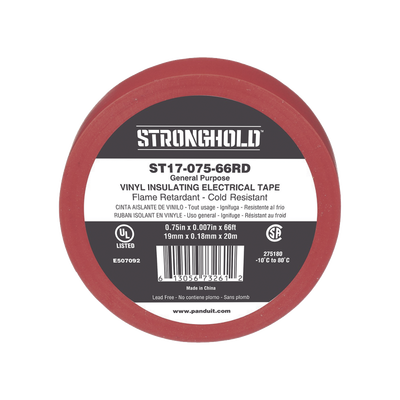 [ST17-075-66RD] Cinta Eléctrica STRONGHOLD para Aislar, de PVC, Uso General Reparación y Mantenimiento, Grosor de 0.18mm (7 mil), Ancho de 19mm, y 20.12m de Largo, Color Rojo