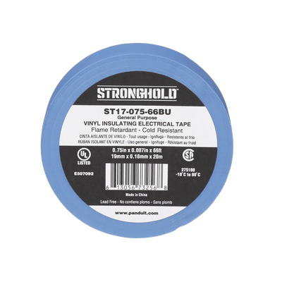 [ST17-075-66BU] Cinta Eléctrica STRONGHOLD para Aislar, de PVC, Uso General Reparación y Mantenimiento, Grosor de 0.18mm (7 mil), Ancho de 19mm, y 20.12m de Largo, Color Azul