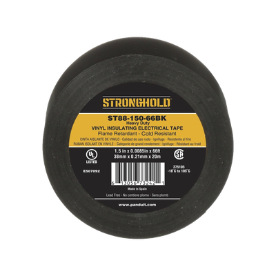 [ST88-150-66BK] Cinta Eléctrica STRONGHOLD para Aislar, de PVC, Trabajo Pesado Eléctrico Industrial (Soporta UV, abrasión, agua, aceite y corrosión), Grosor de 0.21 mm (8.5 mil), Ancho de 38 mm, y 20 m de Largo, Uso Interior/Exterior, Color Ne