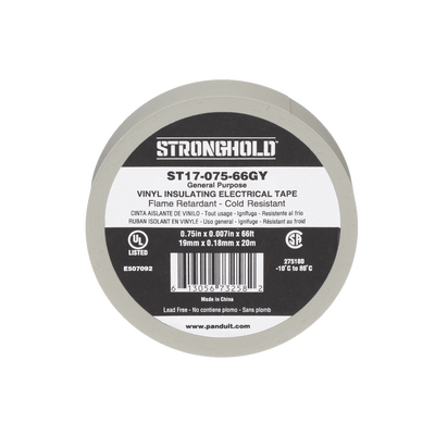 [ST17-075-66GY] Cinta Eléctrica STRONGHOLD para Aislar, de PVC, Uso General Reparación y Mantenimiento, Grosor de 0.18mm (7 mil), Ancho de 19mm, y 20.12m de Largo, Color Gris