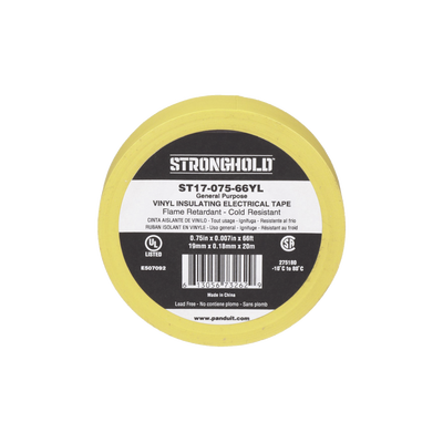 [ST17-075-66YL] Cinta Eléctrica STRONGHOLD para Aislar, de PVC, Uso General Reparación y Mantenimiento, Grosor de 0.18mm (7 mil), Ancho de 19mm, y 20.12m de Largo, Color Amarillo