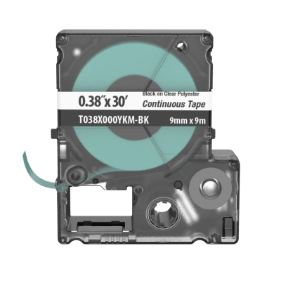 [T038X000YKM-BK] Casete de Etiquetas de Poliéster de Cinta Continua, Color Negro Sobre Transparente, Uso Interior/Exterior, 9 mm de Ancho x 9.1 Metros (29.86 Pies) de Largo