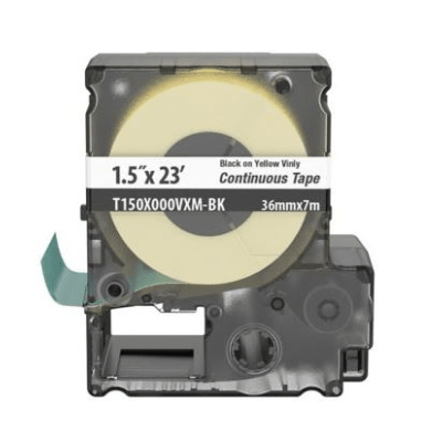 [T150X000VXM-BK] Casete de Etiquetas de Vinilo de Cinta Continua, Color Negro Sobre Amarillo, Uso Interior/Exterior, 36 mm de Ancho x 7 Metros (22.97 Pies) de Largo