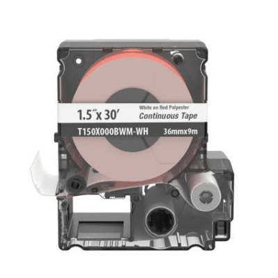 [T150X000BWM-WH] Casete de Etiquetas de Poliéster de Cinta Continua, Color Blanco Sobre Rojo, Uso Interior/Exterior, 35.8 mm de Ancho x 9 Metros de Largo (29.53 pies)