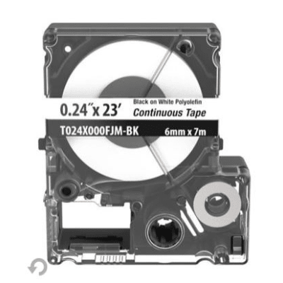 [T024X000FJM-BK] Casete de Etiquetas de Poliolefina de Cinta Continua, Color Negro Sobre Blanco, Uso Interior/Exterior, 5.82 mm de Ancho x 7 Metros (22.97 Pies) de Largo