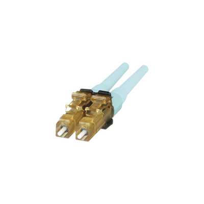 [FLCDMCXAQY] Conector de Fibra Óptica LC Duplex OptiCam, Multimodo 50/125 OM3/OM4, Pre-pulido, Color Aqua