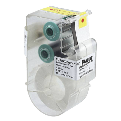 [T050X000YKC-BK] Casete de Etiquetas de Poliéster de Cinta Continua, Color Negro sobre Transparente, Uso Interior/Exterior Resistente a Rayos UV, 12.7 mm de Ancho x 7.6 metros de Largo