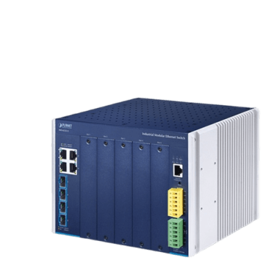 [IMS-6325-5] Switch Modular Industrial Capa 3 / 5 Slots / 4 Puertos Gigabit RJ45 / 4 Puertos SFP+ 10G / Rango de Temperatura -40~75°C / Entrada de Potencia Redundante 12-48V / Soporte IPv6/IPv4
