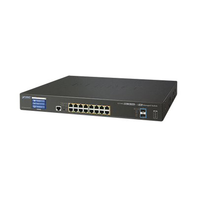 [GS-5220-16UP2XVR] Switch Administrable Capa 3, 16 Puertos Gigabit con PoE 802.3bt, 2 Puertos 10 G SFP+, Pantalla Táctil (400 W)