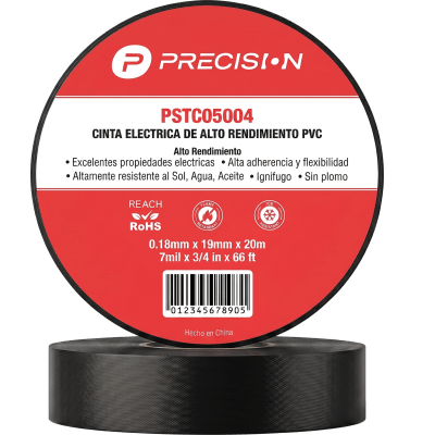 [PST-C050-04] Cinta de aislar de alto rendimiento / Espesor 0.18 mm / Ancho 19 mm / 20 m de Largo / Instalaciones eléctricas y mantenimiento / Color Negro