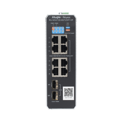 [RG-NIS2100-8GT2SFP-HP] Switch Industrial PoE+ hasta 300 watts , Ideal para temperaturas Extremas y protección contra descargas, 1 puerto PoE++ 60W y 7 puertos PoE+ 30W, 2 SFP Uplink