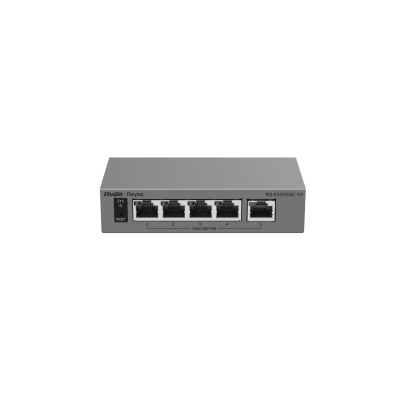 [RG-ES205GC-V2] Switch Capa 2 Gestionado en la Nube / 5 Puertos Gigabit / Switching 10 Gbps / Forwarding 7.44 Mpps / Diseño sin Ventilador / Protección 6 kV / Modo CCTV de un Clic / 32 VLANs / Gabinete Metálico / Ruijie Cloud