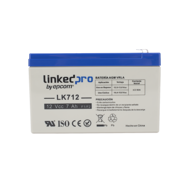 [LK712] Batería 12 V / 7 Ah / UL / Tecnología AGM / Vida útil promedio 5 años / Uso en equipo electrónico, Alarmas de Intrusión / Incendio / Control de acceso / Video Vigilancia / Terminales F1 ( Incluye adaptador F2 )