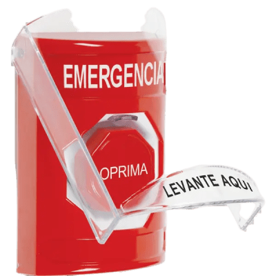 [SS20A2EM-ES] ​​Botón Multipropósito, Color Rojo, De Superficie, Con Tapa De Policarbonato, Con Bocina Pre Alarma, Solo Interior, Llave Para Restablecer, Texto De Emergencia, Español