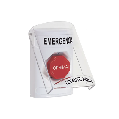 [SS23A2EM-ES] ​Botón Multipropósito, Color Blanco, De Superficie, Con Tapa De Policarbonato, Con Bocina Pre Alarma, Solo Interior, Llave Para Restablecer, Texto De Emergencia, Español