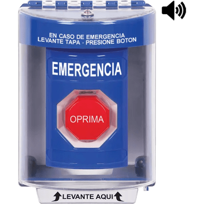 [SS2482EM-ES] ​Botón Multipropósito, Color Azul, De Superficie con Espaciador, C/Tapa De Policarbonato, C/Bocina Pre Alarma, Interior/Exterior, Llave Para Restablecer, Texto De Emergencia, Español