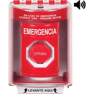 [SS2082EM-ES] ​Botón Multipropósito, Color Rojo, De Superficie con Espaciador, C/Tapa De Policarbonato, C/Bocina Pre Alarma, Interior/Exterior, Llave Para Restablecer, Texto De Emergencia, Español