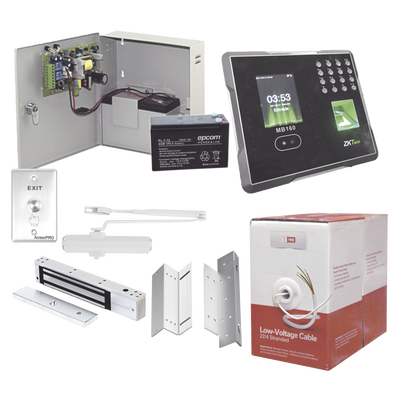 [ACCESSKIT9P] Sistema Completo de Acceso Y asistencia, Incluye Lector Biometrico MB160ID, Chapa magnética con bracket, Cierra puerta, Botón de Salida, Cable " Gratis ", y fuente profesional con Batería