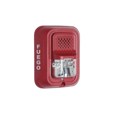 [P2RL-SP] Sirena con Lámpara Estroboscópica a 2 Hilos, Montaje en Pared, Color Rojo, Configuración Estroboscópica Seleccionable y Texto en Español, Nuevo Diseño Moderno y Elegante y Menor Consumo de Corriente 