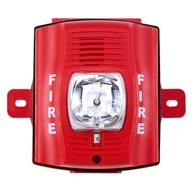 [P2R-K] Sirena con Lámpara Estroboscópica / para Exterior / a 2 Hilos / Montaje en Pared / 12 o 24 Vcd / Configuración Estroboscópica Seleccionable / Texto en Inglés / Incluye Caja de Montaje / Color Rojo