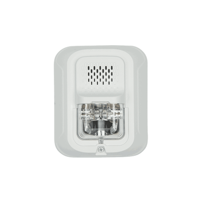 [P2W-LP] Sirena con Lámpara Estroboscópica a 2 Hilos, Montaje en Pared, Color Blanco, Configuración Estroboscópica Seleccionable, Sin Texto, Nuevo Diseño Moderno y Elegante y Menor Consumo de Corriente
