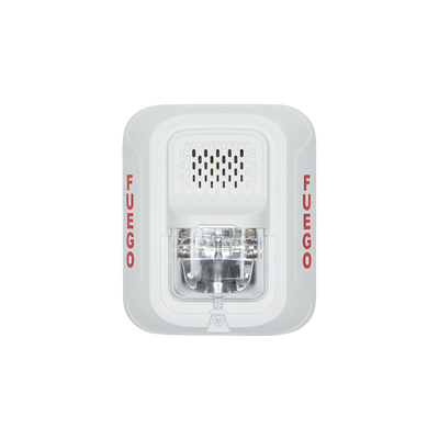 [P2WL-SP] Sirena con Lámpara Estroboscópica a 2 Hilos, Montaje en Pared, Color Blanco, Configuración Estroboscópica Seleccionable y Texto en Español, Nuevo Diseño Moderno y Elegante y Menor Consumo de Corriente