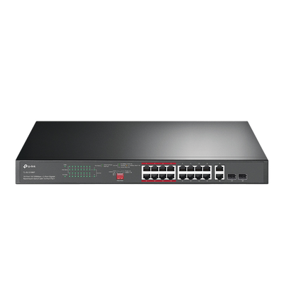 [TL-SL1218MP] Switch PoE+ No Administrable de 16 puertos 10/100 Mbps / 2 puertos 10/100/1000 Mbps en Combo con 2 Puertos SFP / Presuuesto PoE 250 W / Extensor PoE de hasta 250 metros
