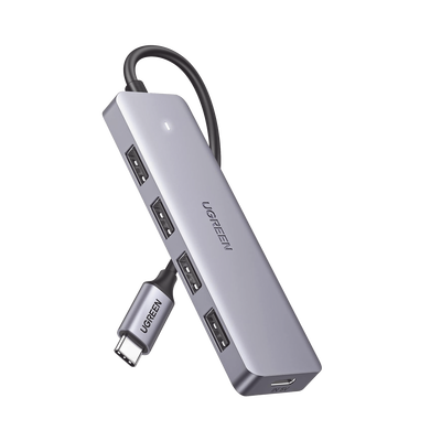 [70336] HUB USB-C 3.0 4 EN 1 | 4 Puertos USB-A (5Gbps) | Carcasa ABS + PC | Soporta OTG | Luz Indicadora LED | Compatible con iPhone 15 Pro MAX) | Interfaz Niquelada | Color Gris Metalizado | Cable de 15cm.