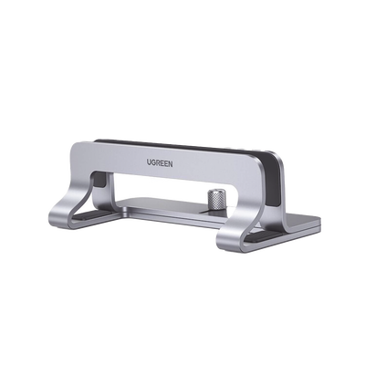 [20471] Soporte Vertical para Laptop / Adecuado para escritorio / Anchura Ajustable (12-26mm) / Amplia compatibilidad / Anti-Arañazos / Anti-Deslizante /Ajustable Mediante Tornillos / Color Plata / Aluminio + Silicona