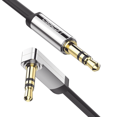 [10599] Cable Auxiliar Plano 2 Metros / Conector 3.5mm a 3.5mm / Macho-Macho / Recto a Angulo / Ángulo de 90° en una de sus Puntas / Color Negro