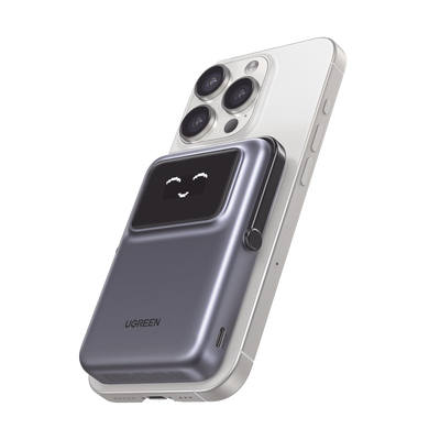 [45327] Power Bank Serie UNO Inalambrico | 10000mAh | 7.5W/20W  |  Con Emojis de Estado | Carga Rápida USB-C Bidireccional  | Pantalla TFT  Inteligente | Con Holder | Color Grey.