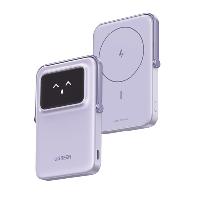 [45328] Power Bank Serie UNO Inalambrico | 10000mAh | 7.5W/20W  |  Con Emojis de Estado | Carga Rápida USB-C Bidireccional  | Pantalla TFT  Inteligente | Con Holder | Color Purple.