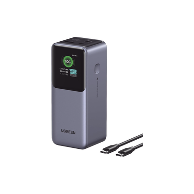[35524B] Power Bank de 20000mAh | 3 Salidas 130W Max. | USB-A + 2 USB-C | PD 3.0 | QC3.0 | FCP | SCP | Pantalla Inteligente | Carcasa Ignifuga | Color Gris | Incluye Cable USB de 50cm | Carga tu Laptop de Manera Segura.