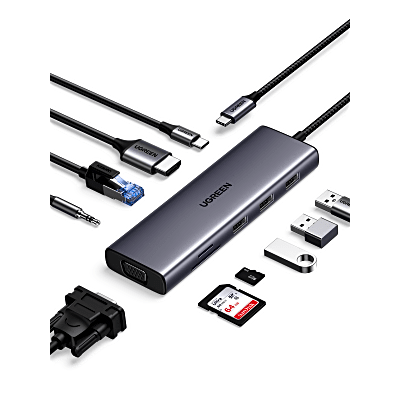 [15601] Hub USB-C 10 en 1 / HDMI 4K@30Hz + VGA 1920x1200 / 3x USB 3.0 5Gbps / Ethernet Gigabit / SD/TF Card Reader / PD 100W / Audio 3.5mm / Doble Pantalla Simultánea / Plug & Play Universal