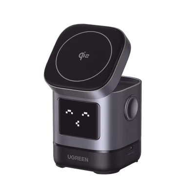 [45775] Cargador Inalámbrico Robot 2 en 1 UGREEN Qi2 / 15W Ultra Rápido para iPhone / 5W para AirPods / Pantalla Inteligente con Expresiones / Imanes N48H / Puerto USB-C 5W para Apple Watch / Compatibilidad MPP