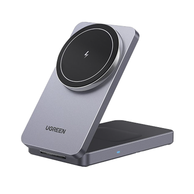 [45056] Cargador Inalámbrico 2 en 1 20W / Tecnología Qi2 15W Certificada / Carga Simultánea iPhone y AirPods / Ángulo Ajustable 70° / Diseño Plegable y Portátil / Compatibilidad Universal