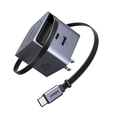 [65821] Cargador Rápido UGREEN 45W GaN / Cable Retráctil 0.7m / 3 Puertos USB-C + USB-A / Tecnología GaNInfinity 95% Eficiencia / 8 Capas Protección / Carga Simultánea 3 Dispositivos / Compacto para Viajes