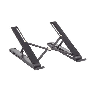 [80551] HUB (Docking Station) 5 en 1 con Soporte para Laptop | 2 USB 3.0 a 5Gbps | HDMI 4K@30Hz | Memoria Micro SD (TF) + SD | Amplia Compatibilidad de 10-15" | Ajuste de Altura | Aluminio | PC+ABS | Silicona | Color Negro.