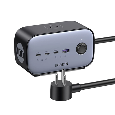 [40896] Cargador de Escritorio y Tomacorriente Múltiple | 3 Puertos USB-C | 1 Puertos USB-A | 3 Tomacorriente de CA | Tecnología GaN II | 1 USB 100W PD | Carga Rápida | Diseño Innovador en Forma de Cubo | Interruptor de Apagado.