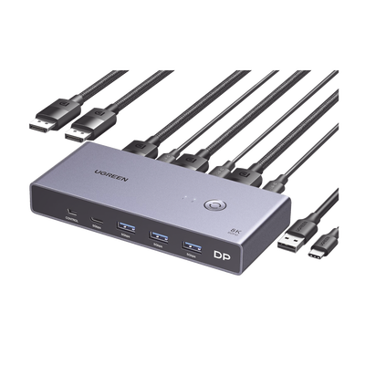 [25962] Conmutador KVM DisplayPort 8K | DP 1.4 | 2 Entradas 1 Salida | 4 Puertos USB 3.0 (3 USBA *1 USBC) | Soporta 8K@60Hz | HDR | Control de Escritorio | Carcasa de Aluminio | Indicador Led | Compatible Win, MacOs y Linux.