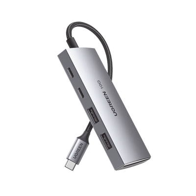 [30758] HUB USB-C 3.2 4 en 1 | 2 Puertos USB-C 3.2 (10 Gbps) | 2 Puertos USB-A 3.2 (10 Gbps) |  Admite OTG | Compatible con MacBook, Chormebook, iMac, iPad Pro, iOS, Windows, Mac OS, Android | Carcasa de Aluminio | Nylon Trenzado.