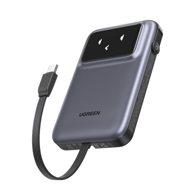[35603B] Power Bank Serie Uno |  10000mAh | 30W |  con Cable USB-C Incorporado | 2 Salidas 30W Max. | Pantalla Inteligente | Carcasa Ignifuga | Aprobado por Aerolíneas.| Color Grey.