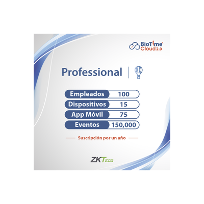 [ZKT0820133] LICENCIA PROFESSIONAL BIOTIME CLOUD 2.0  / 100 USUARIOS / 15 DISPOSITIVOS (Licencia Anual)