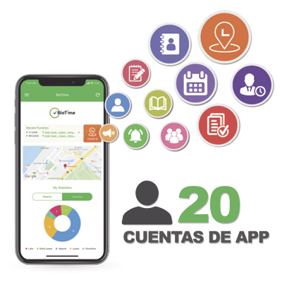 [BIOTIMEAPP20] Licencia para realizar checadas de asistencia desde Smartphone (APP) con envío de fotografía y ubicación por GPS / Compatible con BIOTIMEPRO / Licencia para 20 usuarios